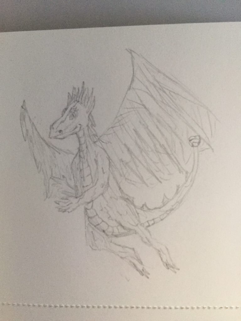 dragon hovering in the air in pencil