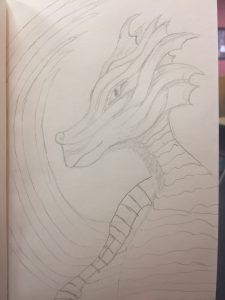 sea dragon in pencil with one crooked arm and a half-finished wing