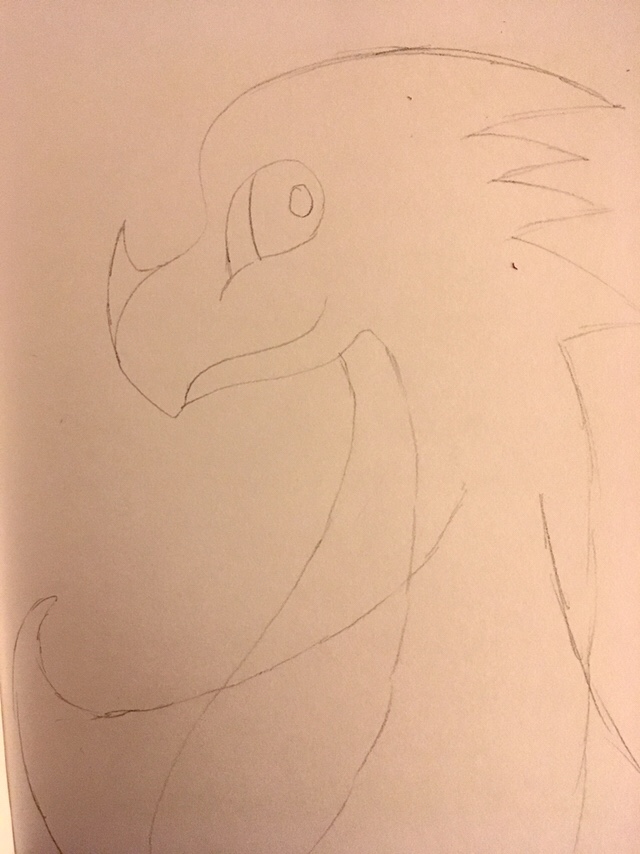 Sketch pencil cartoon smiling dragon with big wing instead of hand
