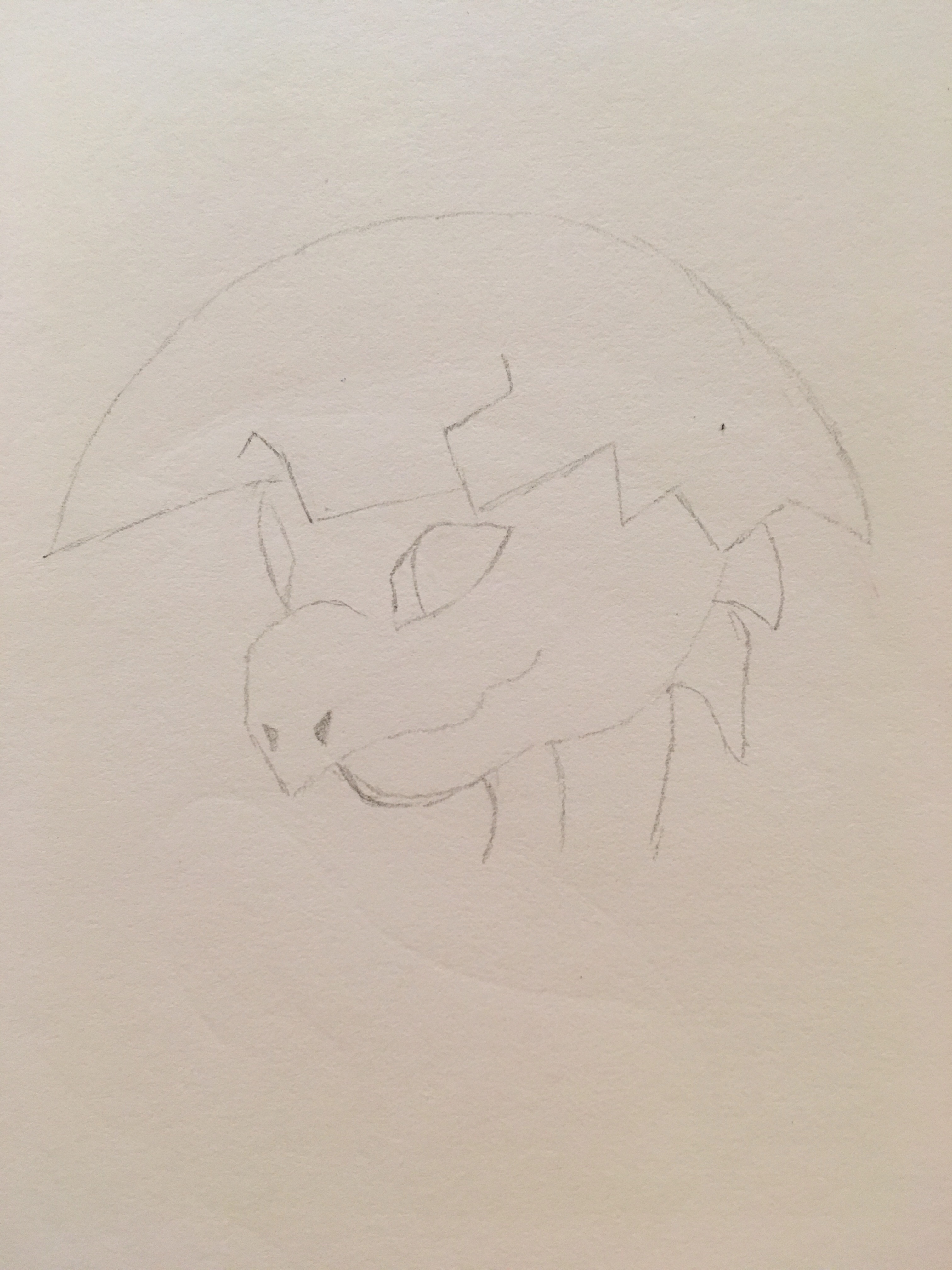 Top half of a baby dragon coming out of its shell (pencil)