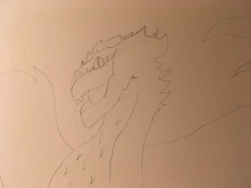 Upper body dragon in pencil with a weird face with lots of points on it