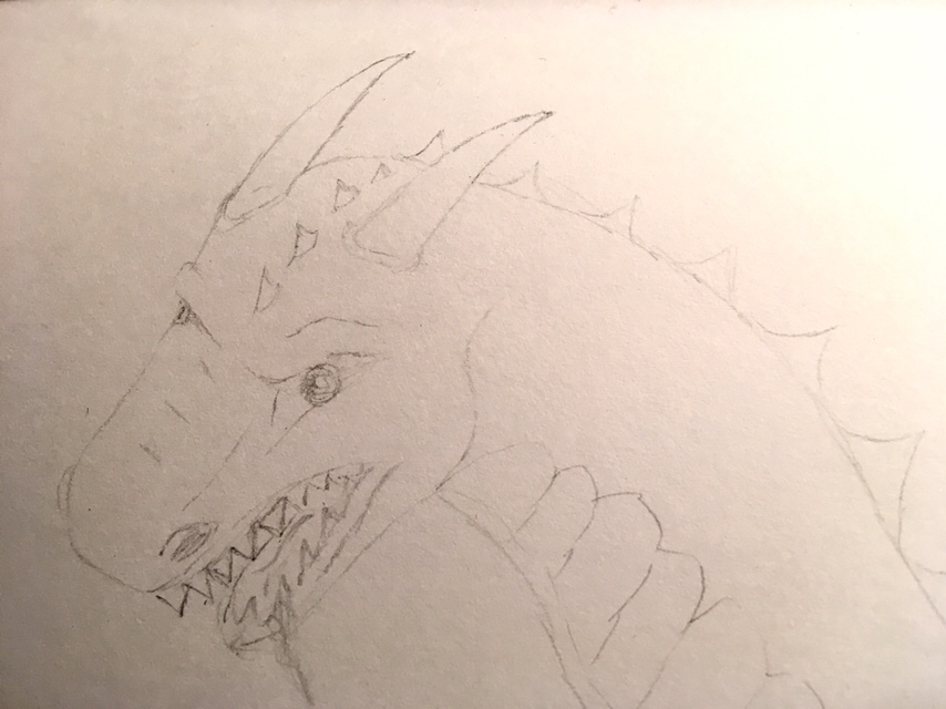 Snarling dragon head in pencil
