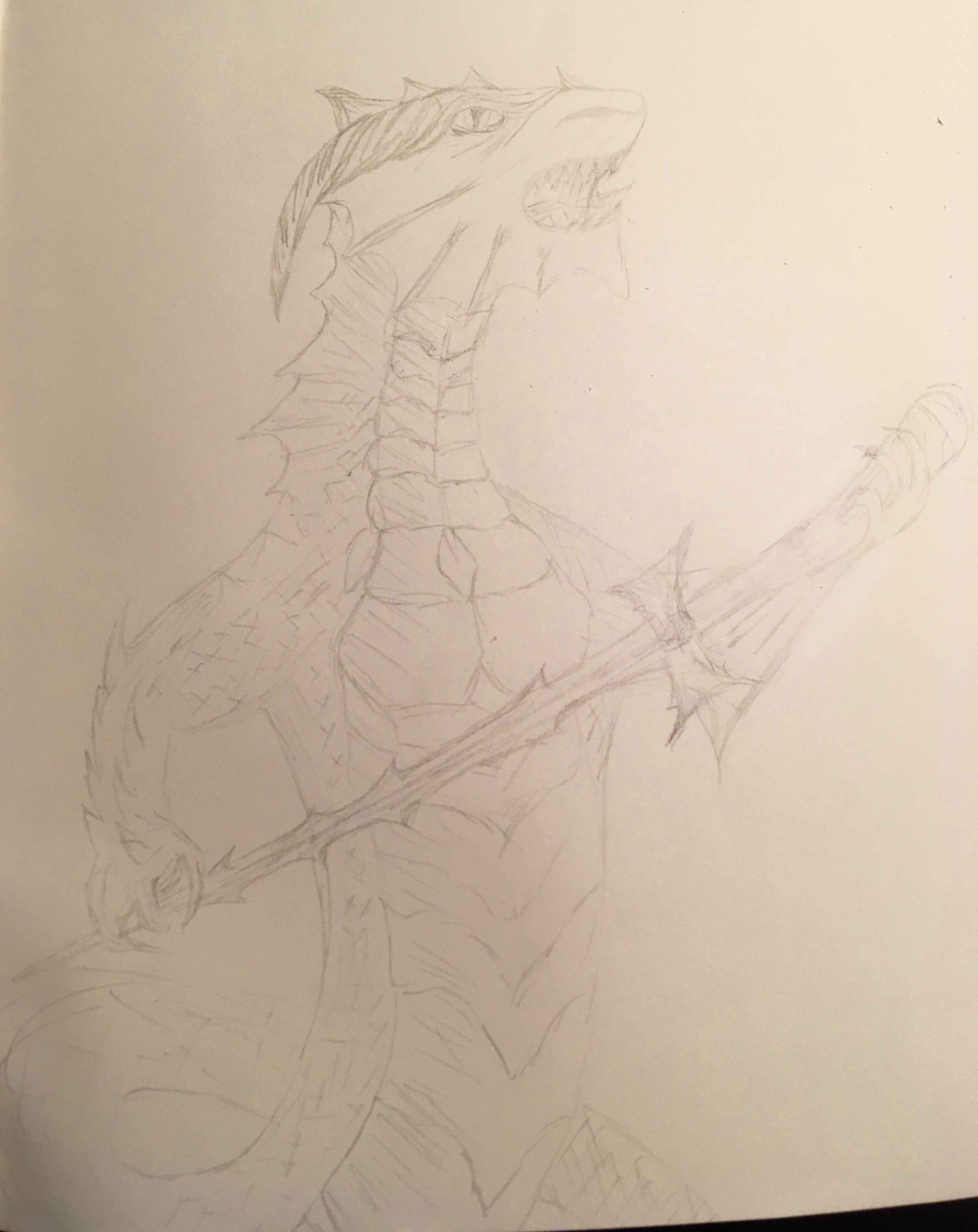 Dragon sketch pencil holding sword