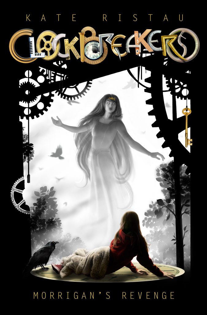 Morrigan's Revenge Cover, girl on ground, goddess over her with crows