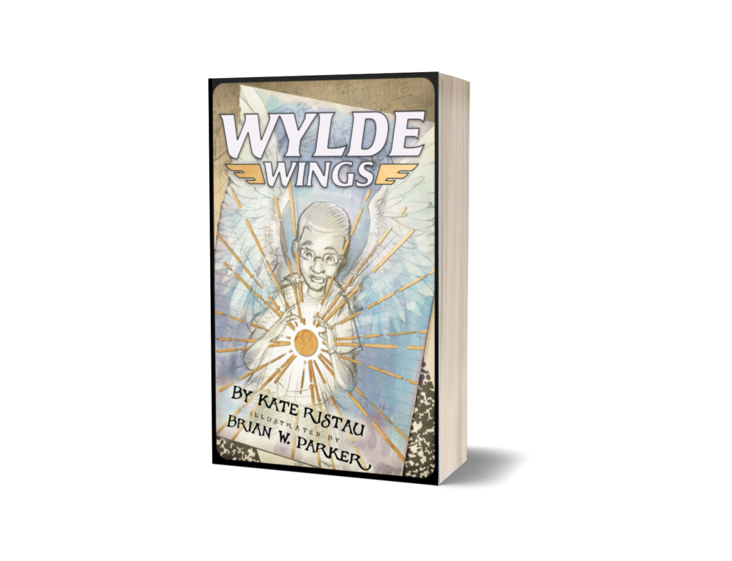 Wylde Wings book cover with POC boy holding a golden spark, sketched wings in the background, and notebooks