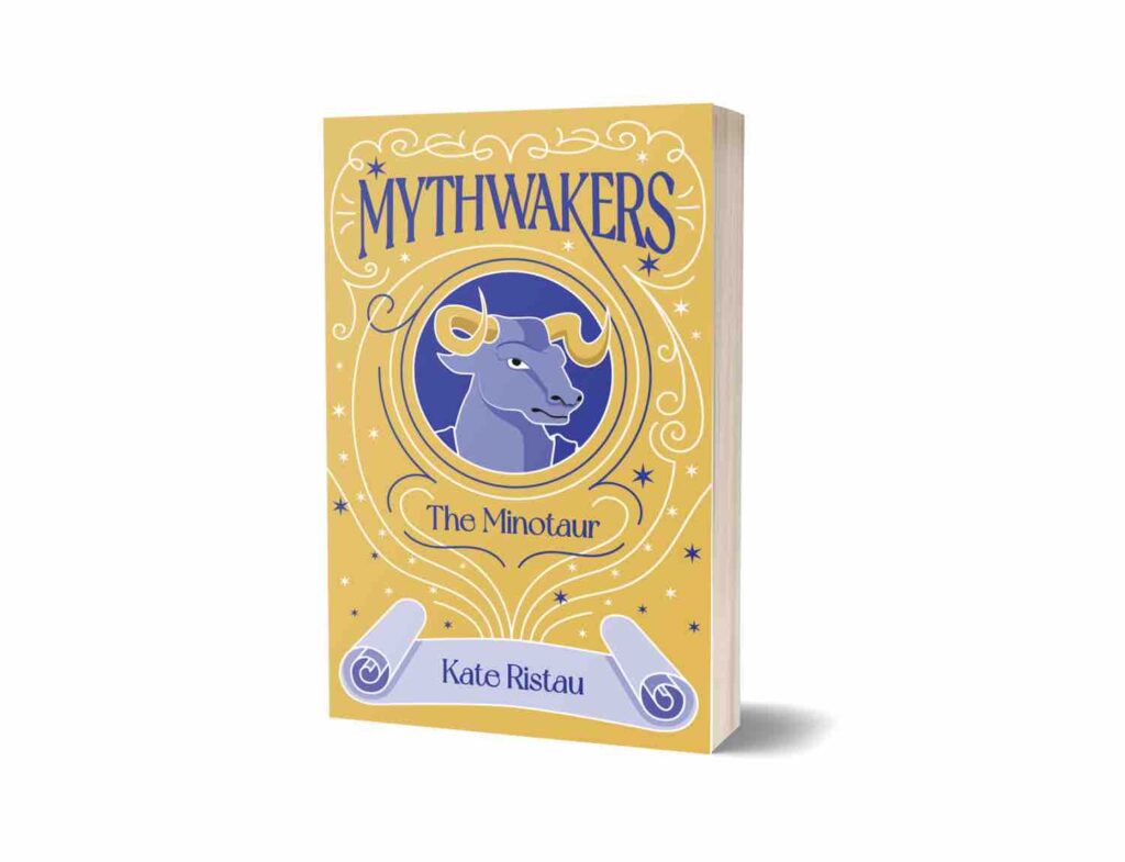 Image of mythwakers book cover, gold and purple with minotaur on circle and swirling magic coming out of a scroll