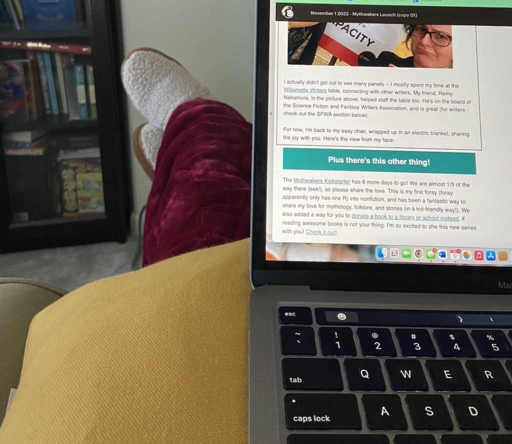 Photo of Kate's laptop writing a newsletter with feet and blanket