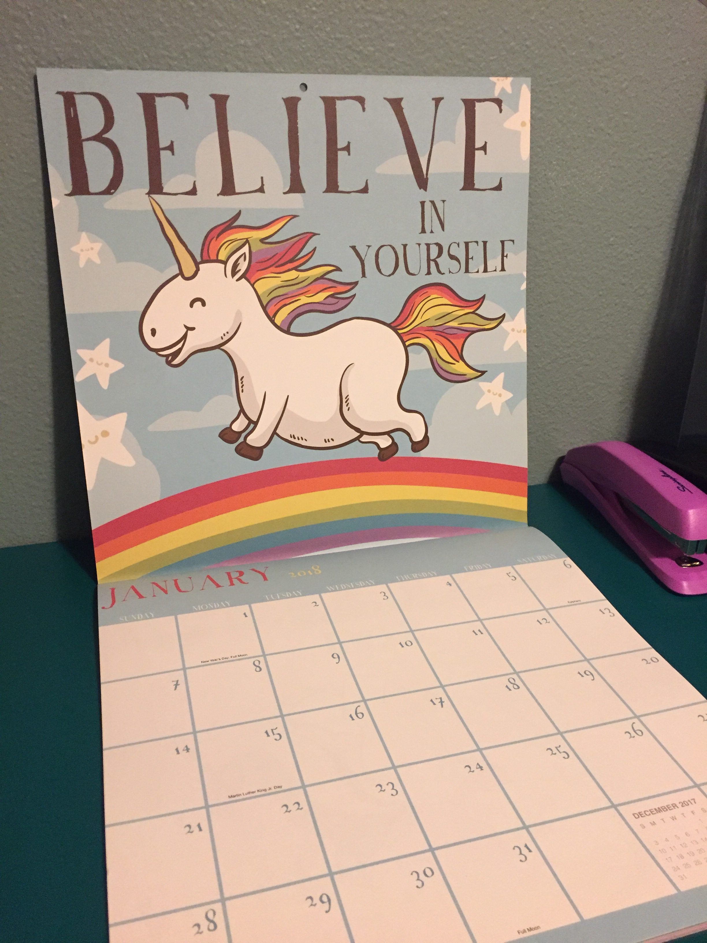 Unicorn Calendar that says believe in yourself