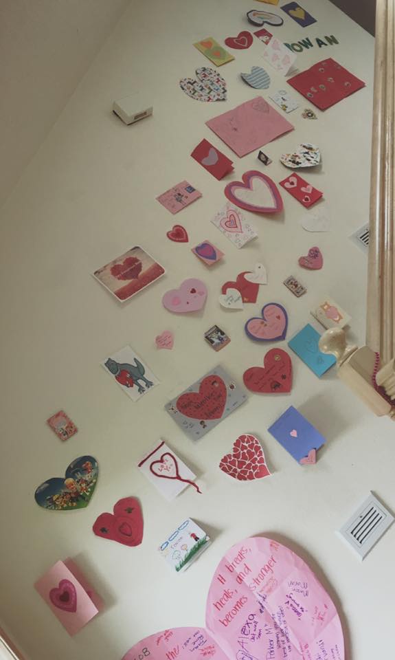 Valentines taped to the wall